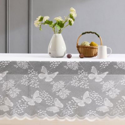 Butterfly Floral Lace Fabric Tablecloth, Lace Fabric Table Cloth for Rectangle Square Tables, Wrinkle Resistant, Patterned Scalloped