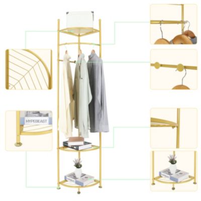 Freestanding Gold Metal Coat Rack: Clothes Stand with Shelves Storage