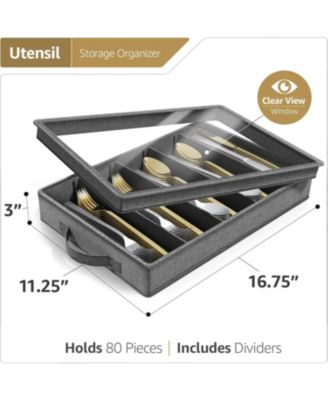 Flatware Storage Chest with Clear Lid, Great Fabric Container Box for Organizing Utensils, Silverware, Flatware, Large Capacity, Gray