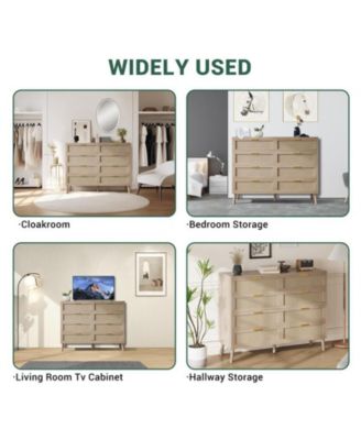 8 Drawer Rattan Dresser, 47.2" x 15.7" x 37" Rattan Chest of Dressers, Mid Century Modern Dresser for Closet with Handles, Large Table Top, Dresser Bedroom, Living Room, Hallway, Entryway