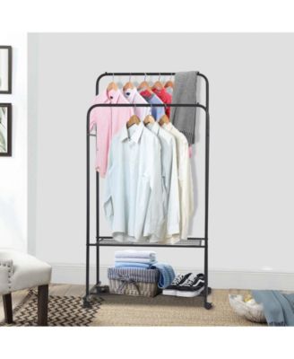 Double Rail Clothes Stand: Garment Rack on Wheels with Storage Shelves