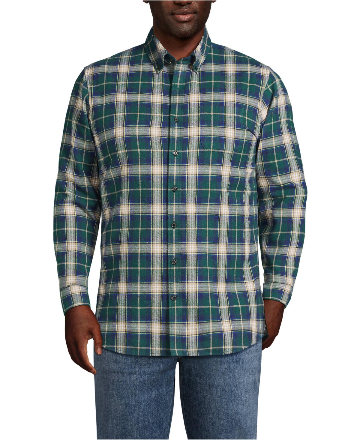 Lands' End Big & Tall Traditional Fit Flagship Flannel Shirt -khaki plaid