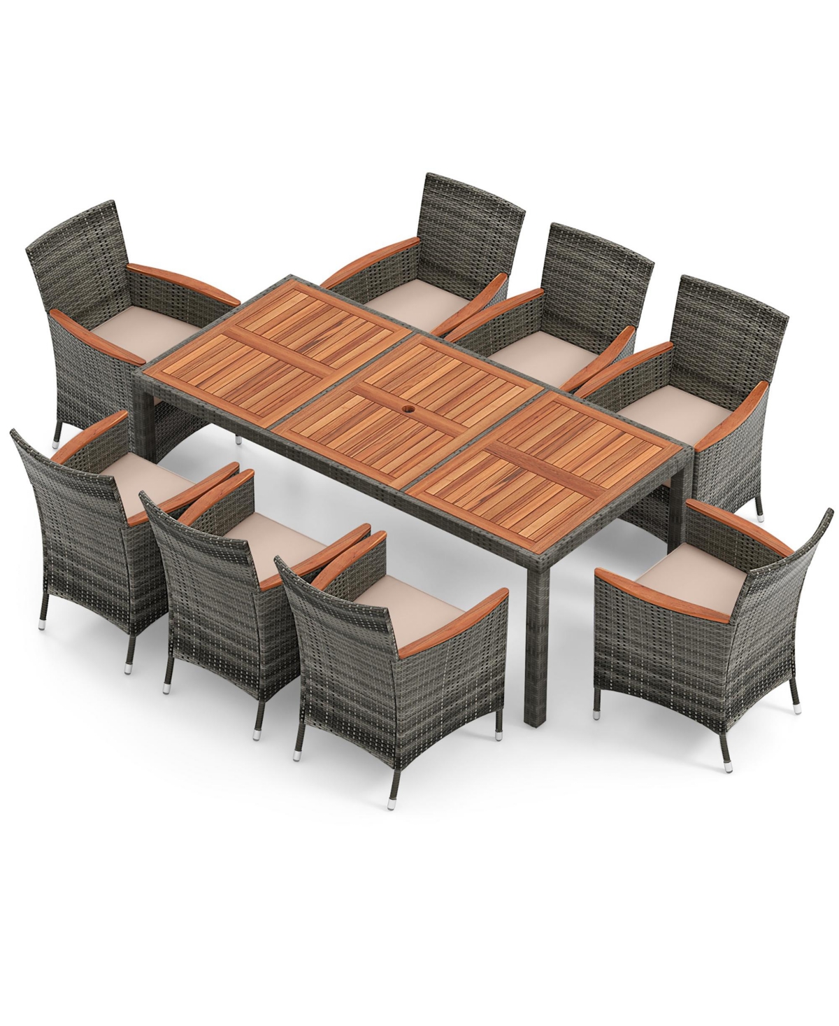 Gymax 9 Pcs Wicker Dining Set Patio Dining Furniture Set w/ Acacia Wood Table & 8 Armchairs - Beige+brown+grey