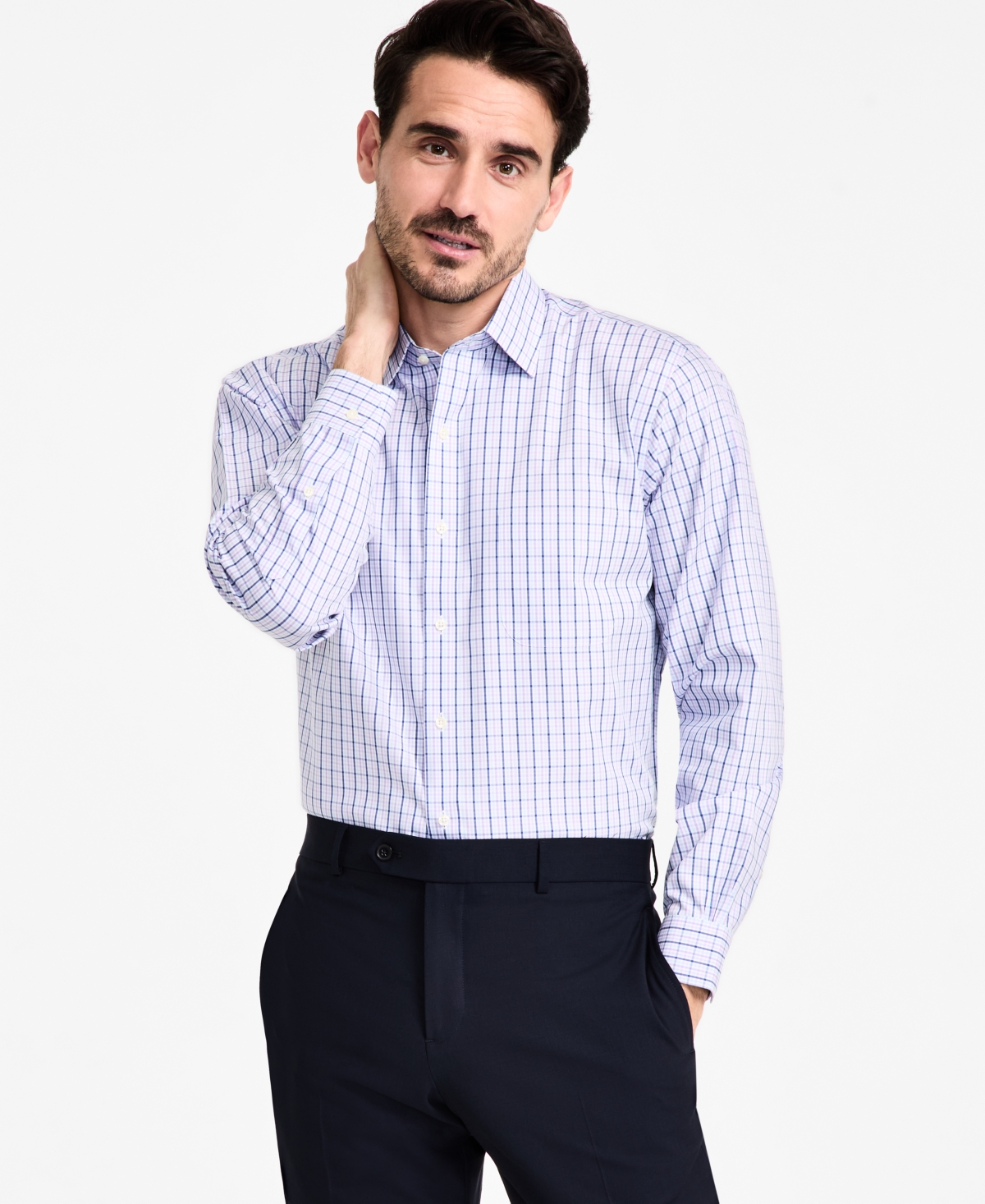 Men's Regular-Fit Non-Iron Spread Collar Check Pinpoint Dress Shirt - Lavender
