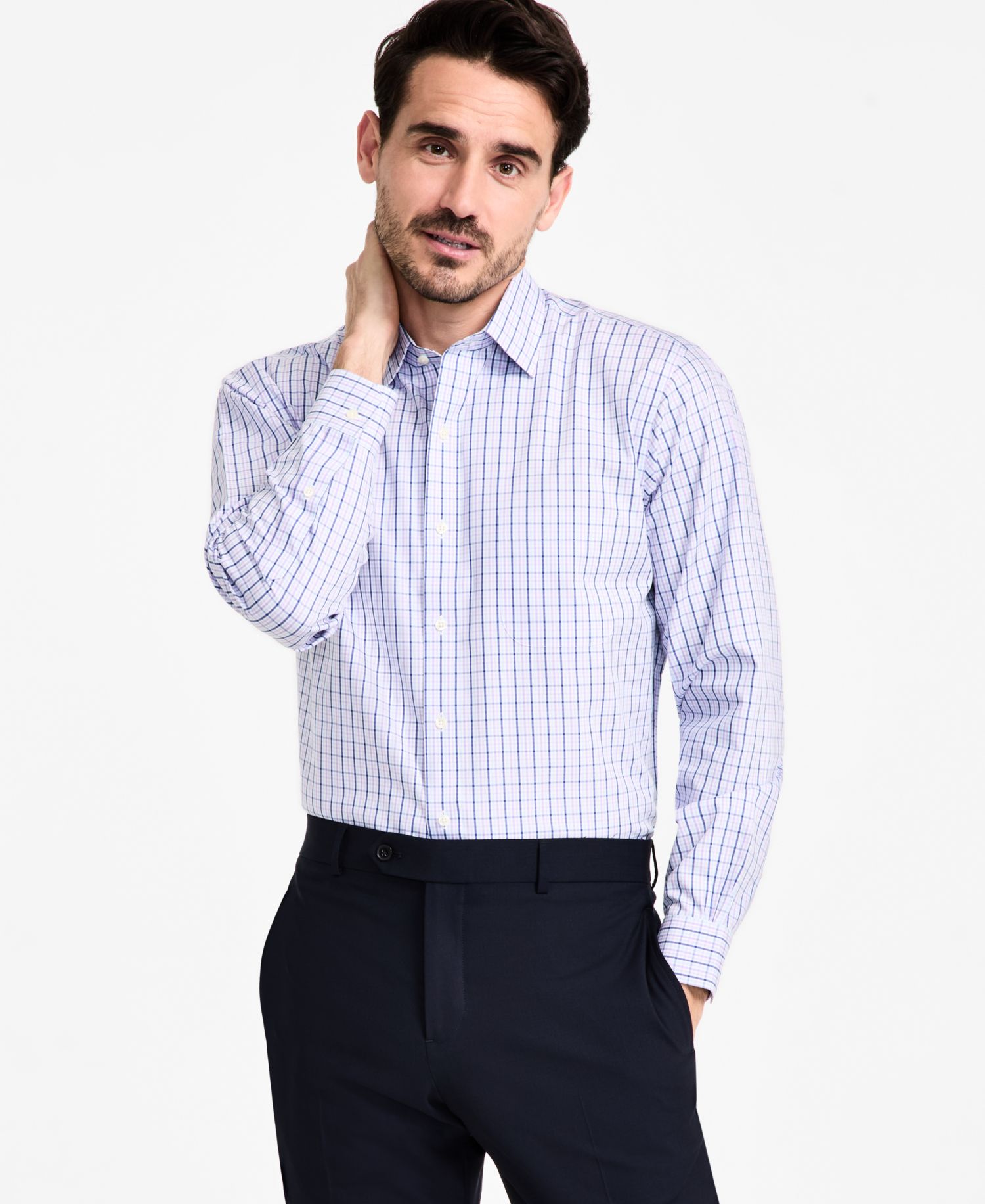 Men's Regular-Fit Non-Iron Spread Collar Check Pinpoint Dress Shirt