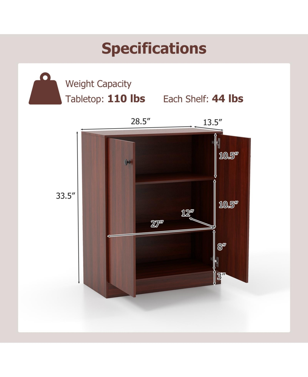 Gouun 2-Door Modern Floor Storage Cabinet with 3-Tier Shelf