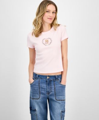 Rebellious One - Juniors' Cat Heart Ribbed Knit T-Shirt