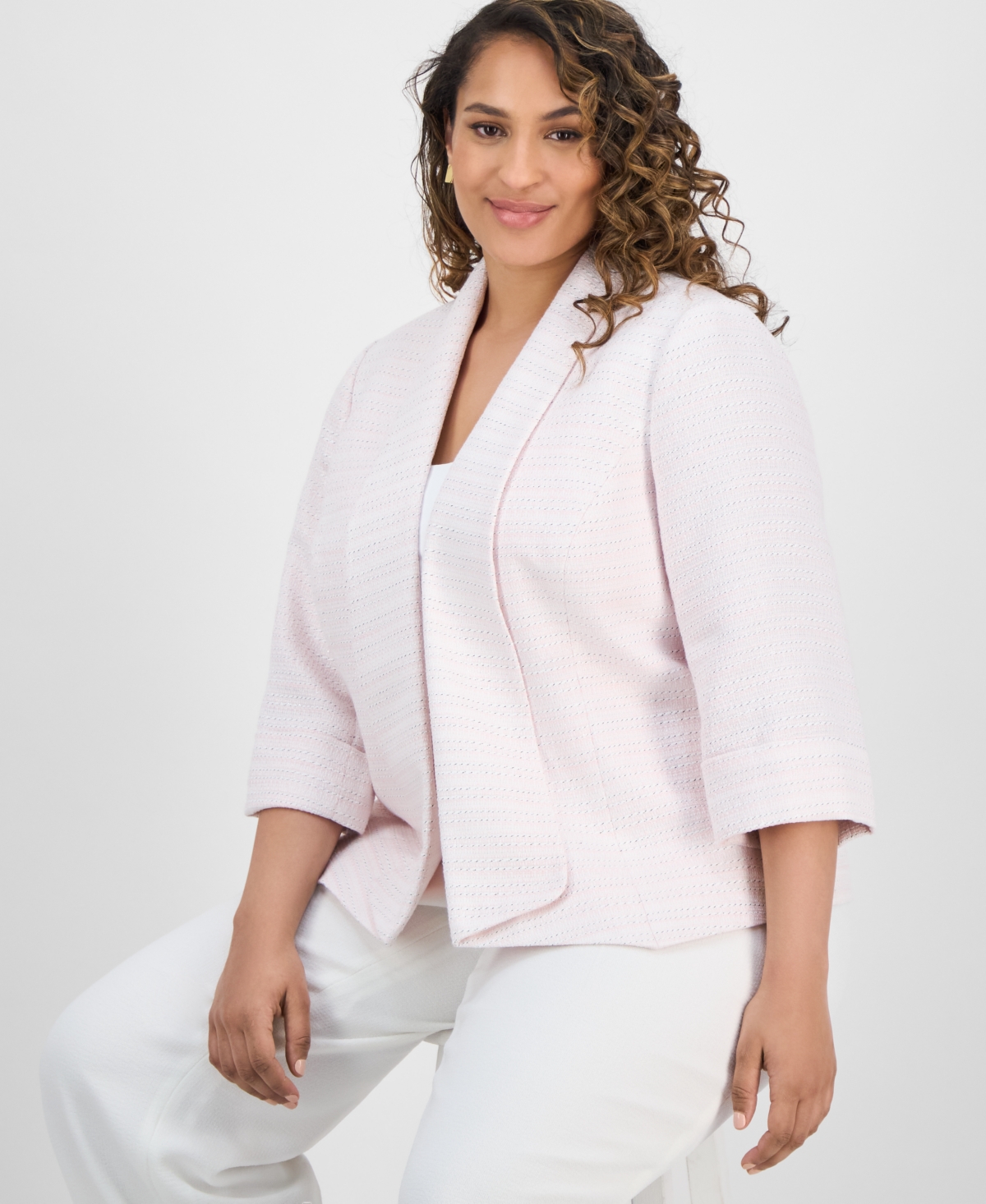 Kasper Plus Size Metallic-stripe Drape-lapel Open-front Blazer In Tutu Pink Multi