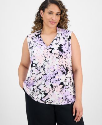 Kasper - Plus Size Printed Sleeveless V-Neck Blouse