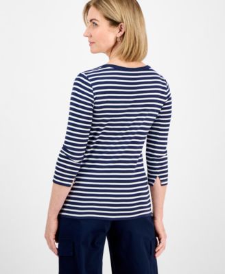 Petite Pima Cotton Striped Boat-Neck 3/4-Sleeve Top