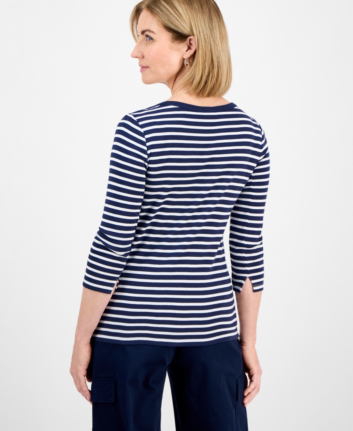 STYLE & CO PETITE COTTON STRIPED BOAT-NECK 3/4-SLEEVE TOP, EXCLUSIVELY AT MACY'S 