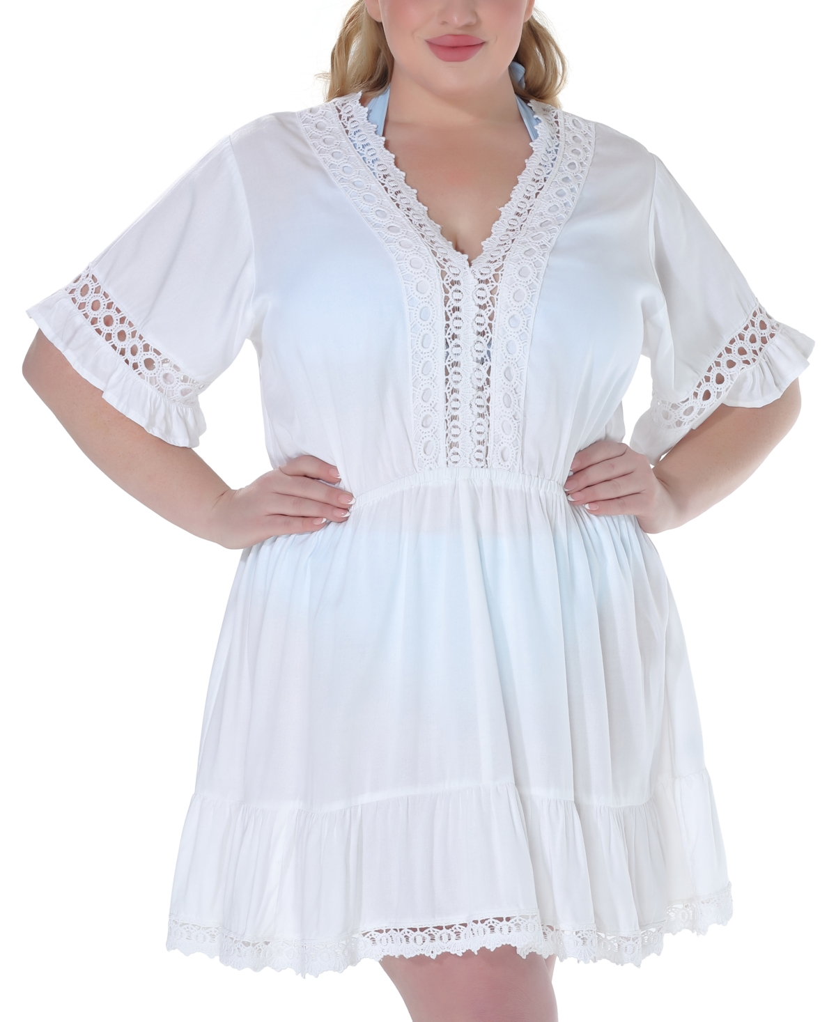 Plus Size Lace-Inset Mini Cover-Up Dress - Black