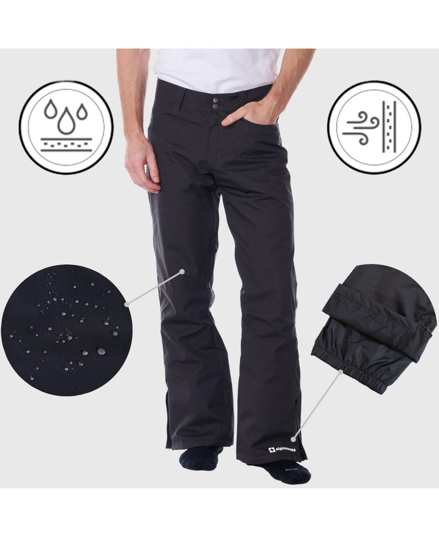 Мужские брюки Alpine Swiss Waterproof Ski Snowboarding Pants Insulated Winter Snow Pants, цвет: Чёрный — фото 2