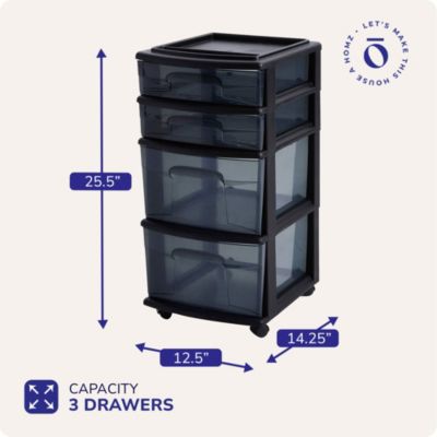 Tall Solid Plastic 4 Drawer Medium Storage Cart with Caster Wheels, Black