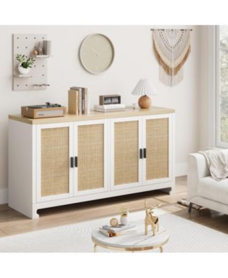 Buffet Cabinet,Rattan Accent Storage Cabinet with 4 Doors and Shelf, Sideboard Buffet Cabinet with Storage, Modern Console Coffee Bar Cabinet for Dining Room, Kitchen, Living Room, Entryway Home Decor
