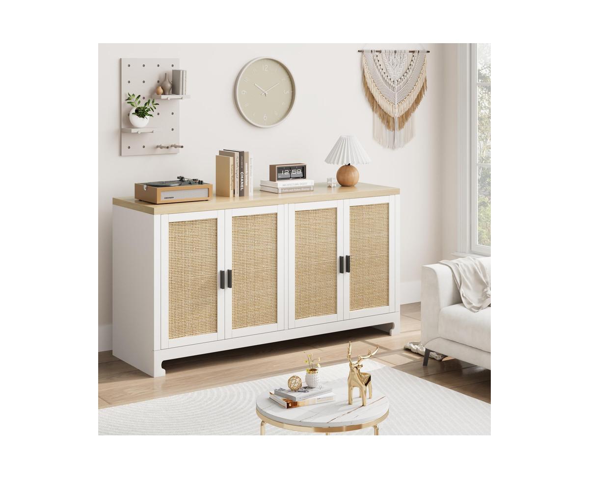 gaomon Buffet Cabinet,Rattan Accent Storage Cabinet with 4 Doors and Shelf, Sideboard Buffet Cabinet with Storage, Modern Console Coffee Bar Cabinet f