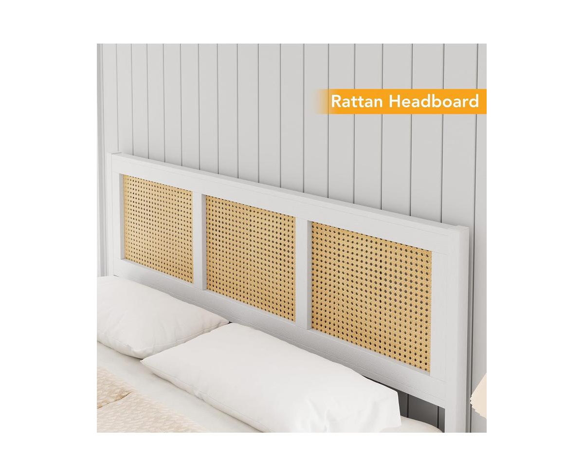 gaomon Size Rattan Bed Frame with Headboard,Boho Cane Platform Bed Frame with Strong Metal Slat, Noise Free, No Box Spring Needed - White