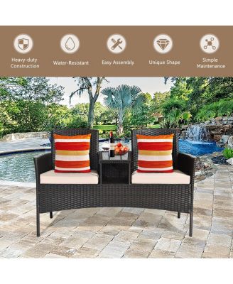 Patented Cushioned Rattan Wicker Patio Conversation Set Loveseat Table