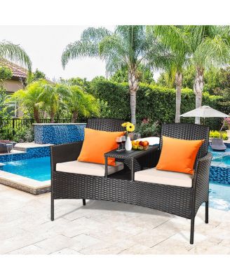 Patented Cushioned Rattan Wicker Patio Conversation Set Loveseat Table