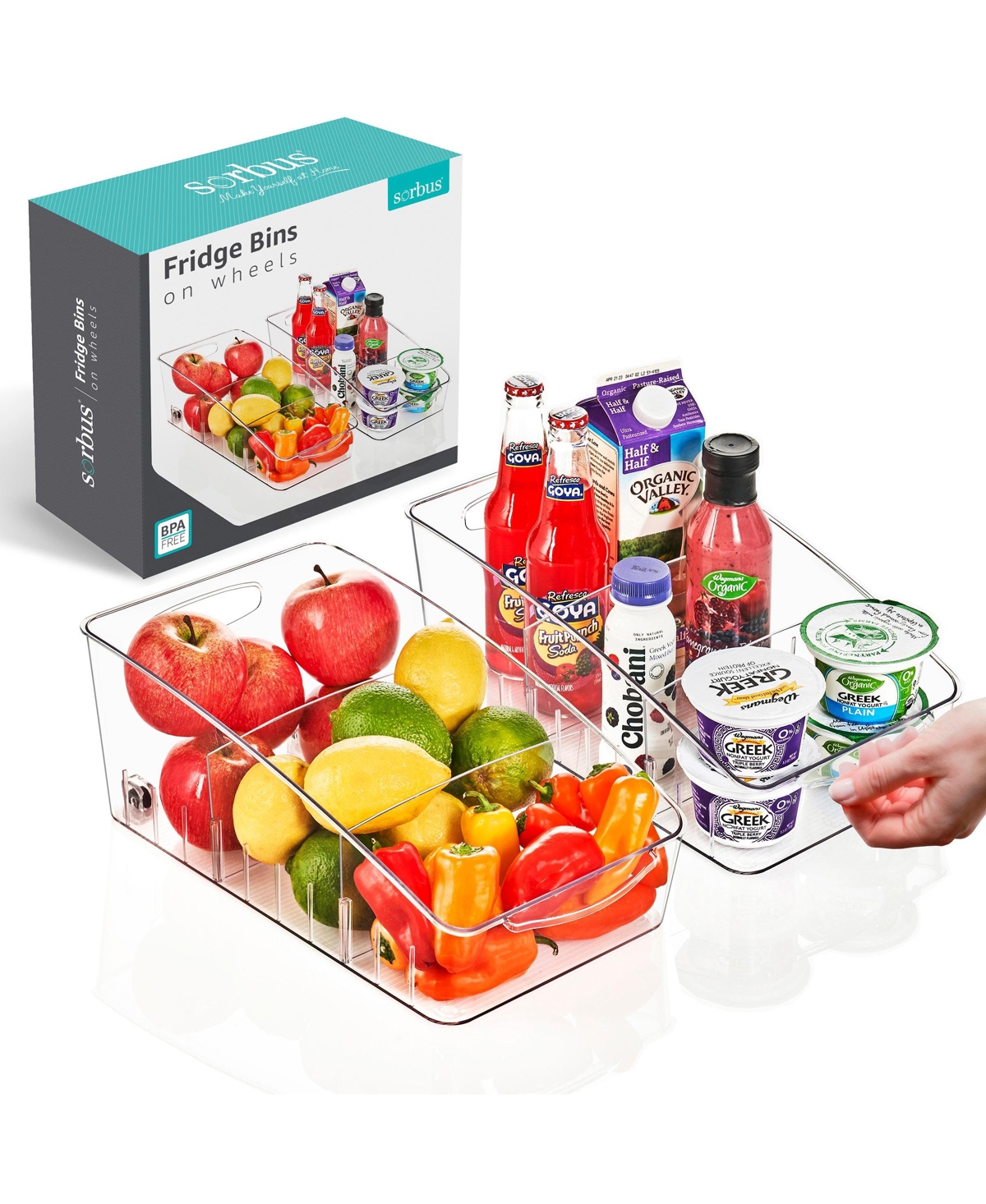 Sorbus 2 Pack Clear Organizing Bin on Wheels with Dividers - for Kitchen, Cabinet Organizer, Pantry & Refrigerator