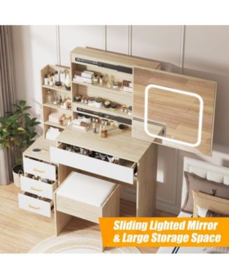 51.2" Wood Vanity Desk Sliding Mirror with Lights 4 Drawers, Stool & Shelves Power Outlet Adjustable 3-Color LED