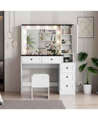 Makeup Vanity Stool Set, Small Vanity Desk with Lighted Mirror, Charging Station, 5 Drawers