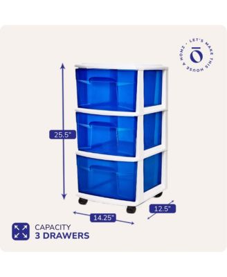 Plastic 3 Drawer Medium Storage Container Tower, Blue Drawers/White Frame