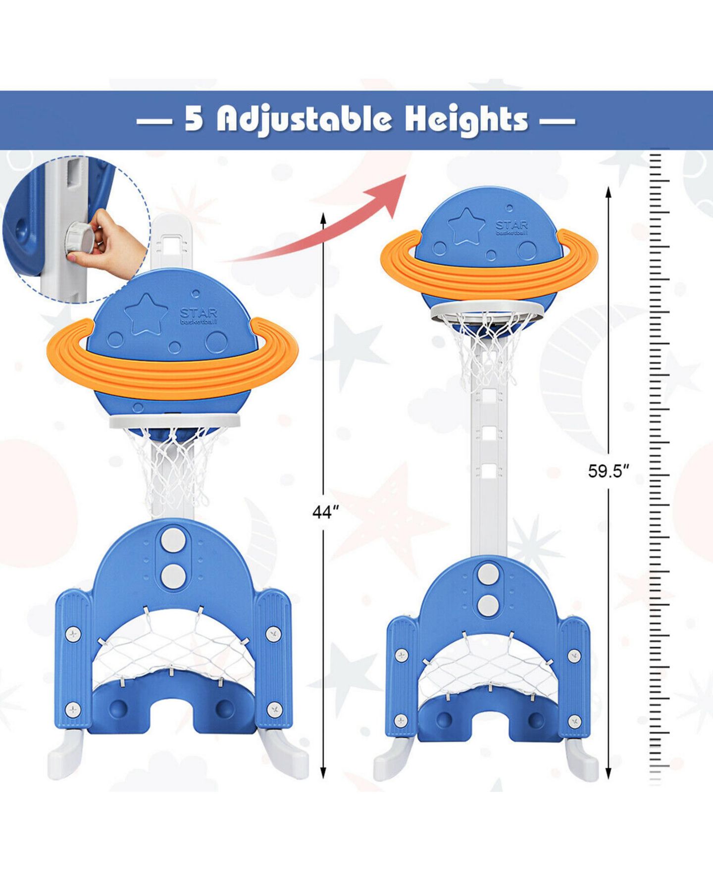Детские игрушки Gymax 3-in-1 Kids Basketball Hoop Set Adjustable Sports Activity Center w/Balls, цвет: Белый — фото 9
