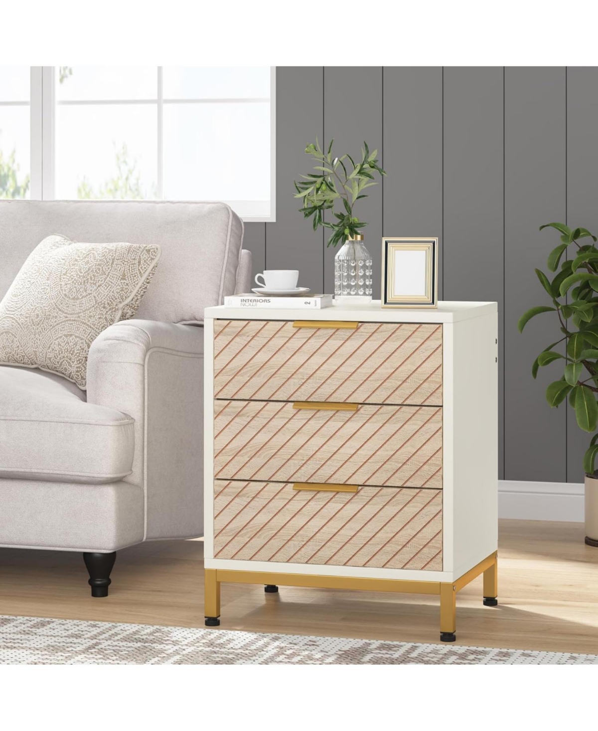 Tribesigns Nightstand for Bedrooms, White and Gold Light Wood Grain Nightstand with 3 Drawers, End Tables Storage for Living Room - White and gold