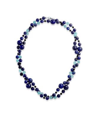 Long Wrap Around Layer Blue Shades Natural Aqua Quartz Blue Lapis Black Onyx Ball Bead Strand Necklace 40 Inch
