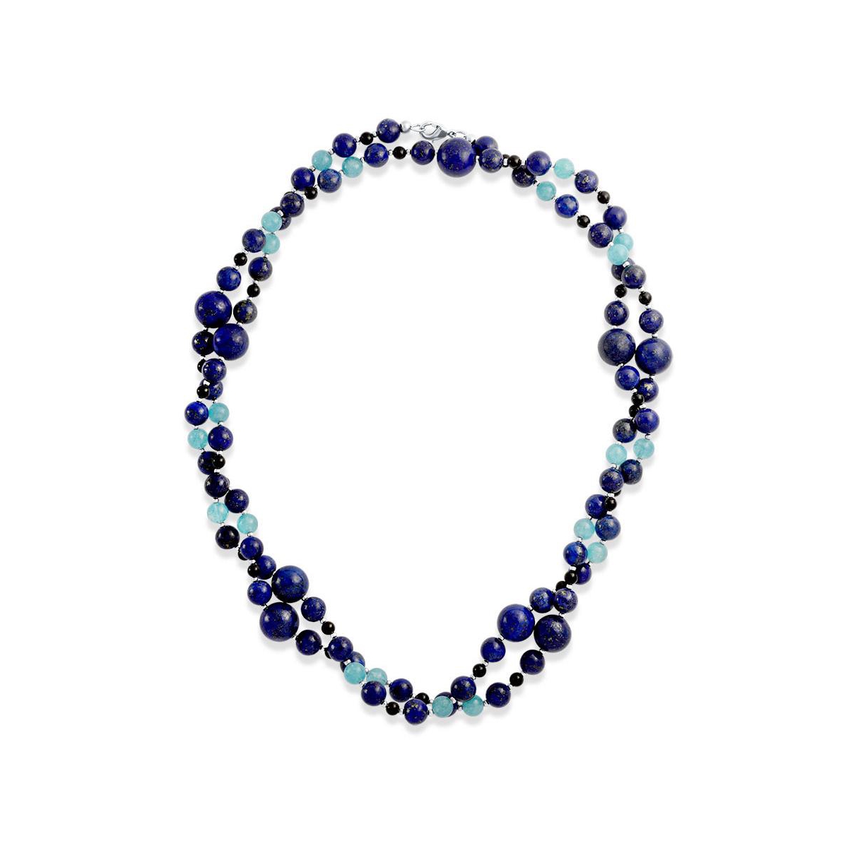 Bling Jewelry Long Wrap Around Layer Blue Shades Natural Aqua Quartz Blue Lapis Black Onyx Ball Bead Strand Necklace 40 Inch