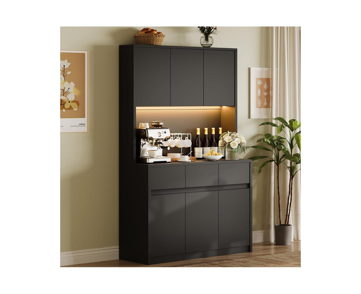 gaomon 71" Tall Kitchen Pantry Cabinet, Kitchen Hutch Storage Cabinet with Led Lights and Power Outlets, Food Pantry Cabinet with Microwave Stand, Adj