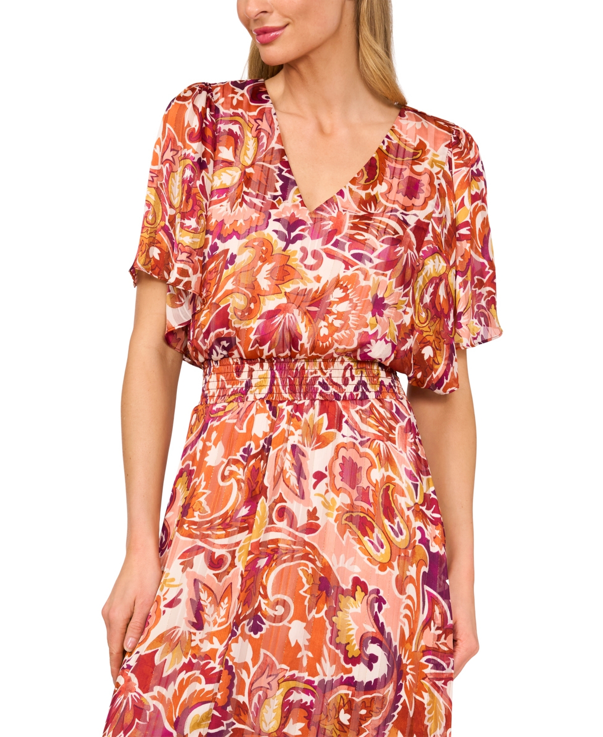 Cece Smocked Waist Flutter Sleeve Maxi Dress In Pink