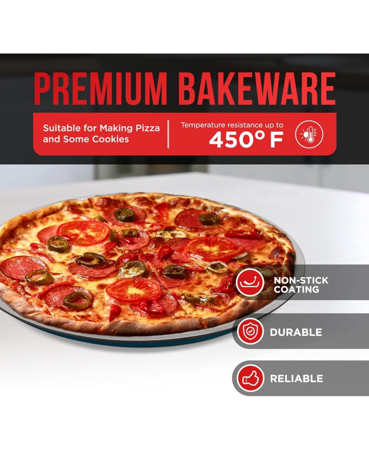 Bakken Swiss Pizza Tray Set 3-Piece Gray Ceramic Coating, Non-Stick, Round Steel Pizza Pans - Dishwasher Safe, Premium Bakeware for Home Cooking Heatl
