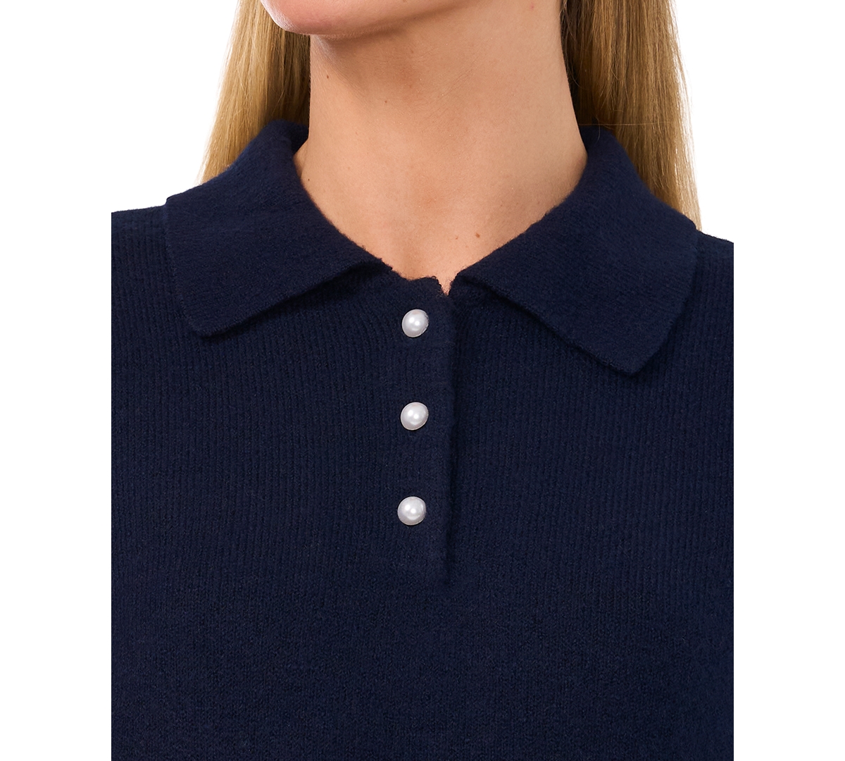 Cece Imitation Pearl Button Polo Sweater In Classic Navy