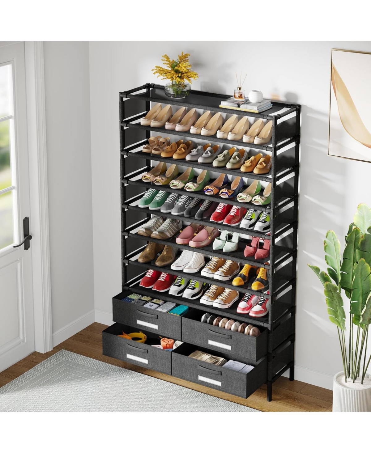 Tribesigns 10-Tier Shoe Storage Organizer with 4 Bin Drawers, 32 Pairs Vertical Shoe Rack for Closet, Entryway, Bedroom, Hallway, or Garage, Tall Free