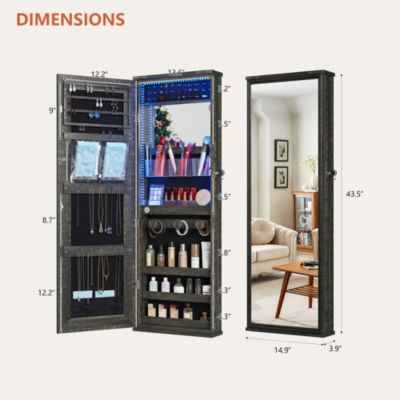 LED Lockable Jewelry Cabinet with Round Mirror & Storage Shelf