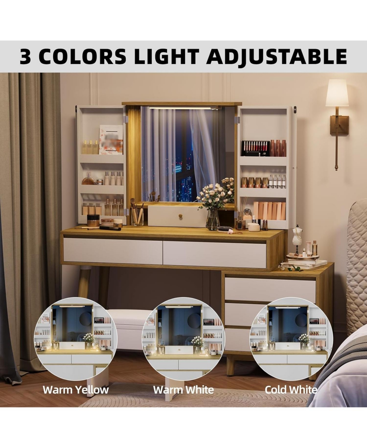 gaomon Vanity Desk with Mirror and Lights, Makeup Vanity Set with Power Outlet, 6 Drawers, Open Shelves, 3 Color Lighting Modes, Brightness Adjustable
