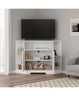 Corner Tv Stand for Tvs Up to 55 Inch with Power Outlet, Modern Farmhouse Entertainment Center
