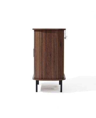 Mid-Century Modern 2-Door Accent Cabinet with Slatted Sliding Doors, Dark Oak