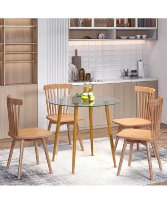 Modern Round Glass Top Dining Table with Wood-Look Base for Stylish Dining