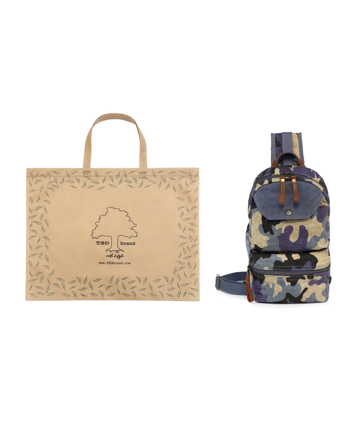 Tsd Brand Mountain Leaf Top Handle Sling Bag In Navy Camo