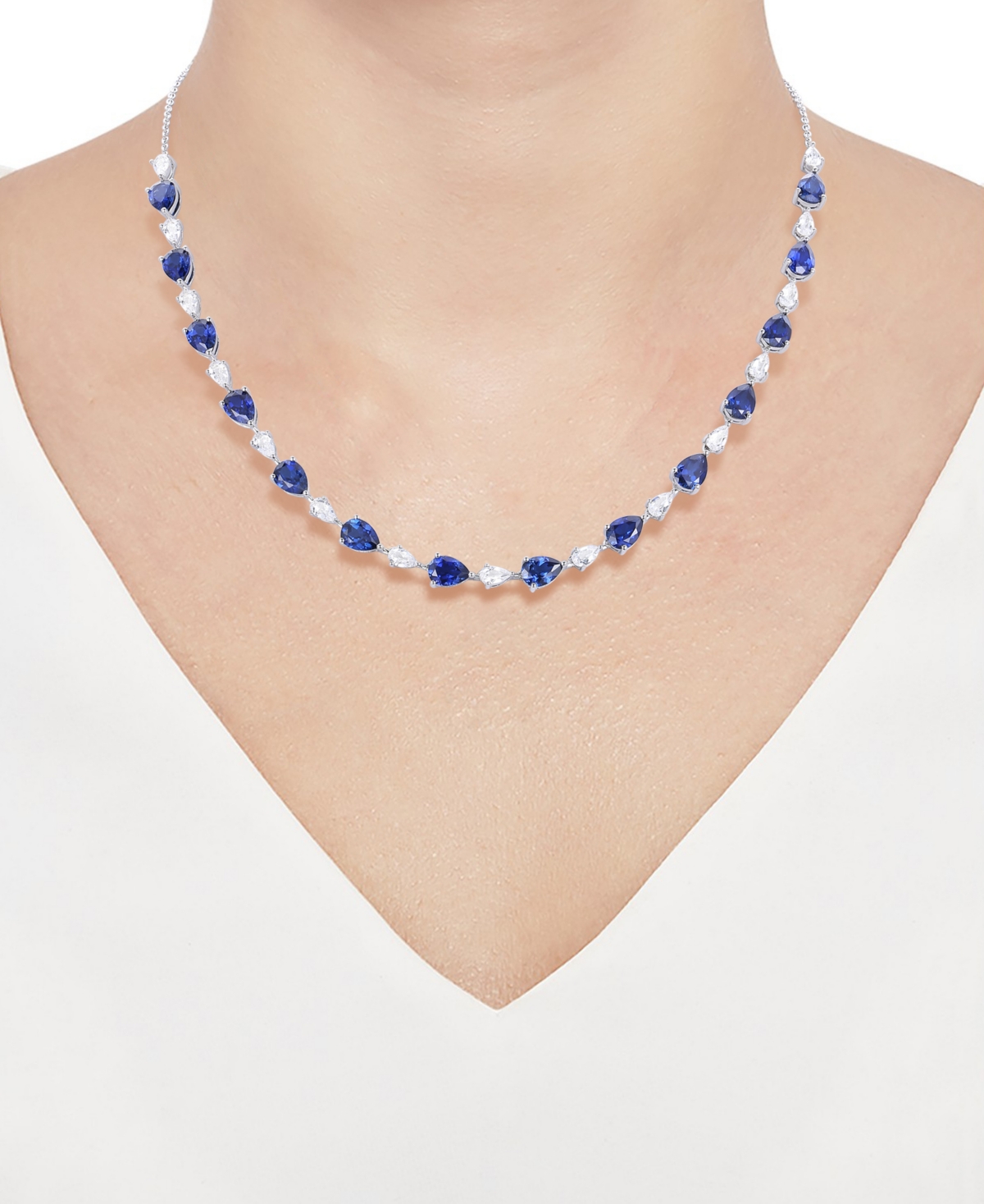 Macy's Lab Grown Blue Sapphire (12-1/3 Ct. T.w.) & Lab Grown White Sapphire (3-1/2 Ct. T.w.) Pear Collar Ne In Blue Sapphire