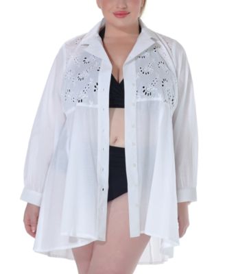 Plus Size Cotton Eyelet Button-Front Cover-Up Dress