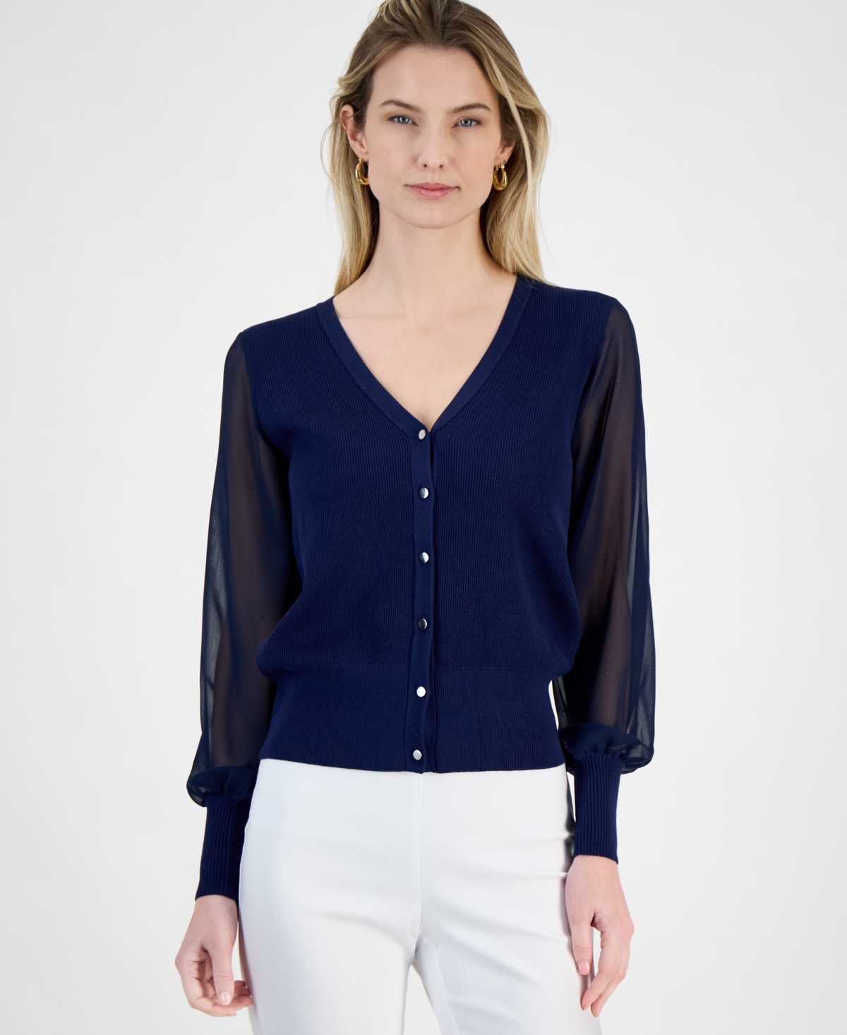 T Tahari Blouson Sleeve Rib Cardigan In Blue