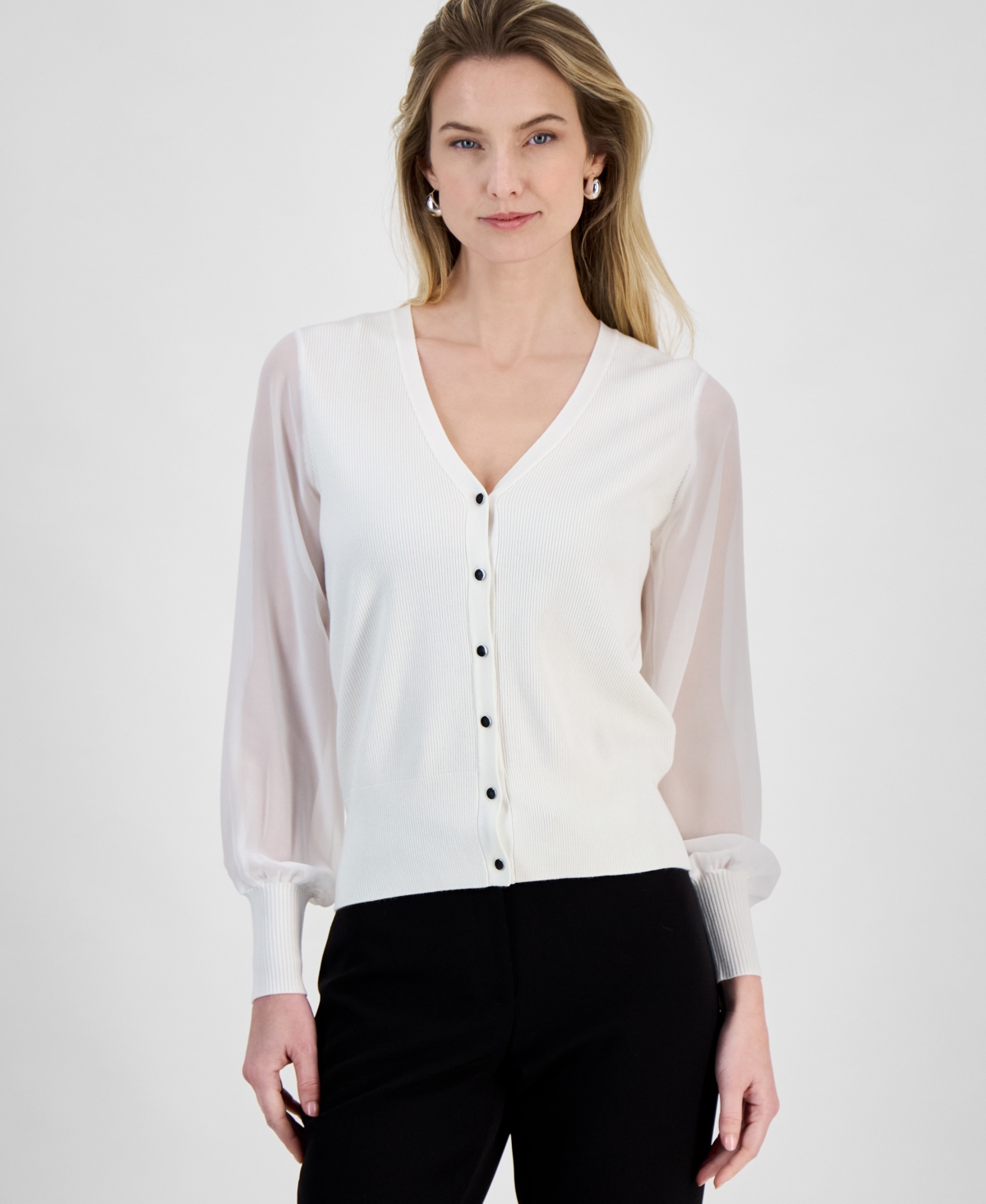 T Tahari Blouson Sleeve Rib Cardigan In White