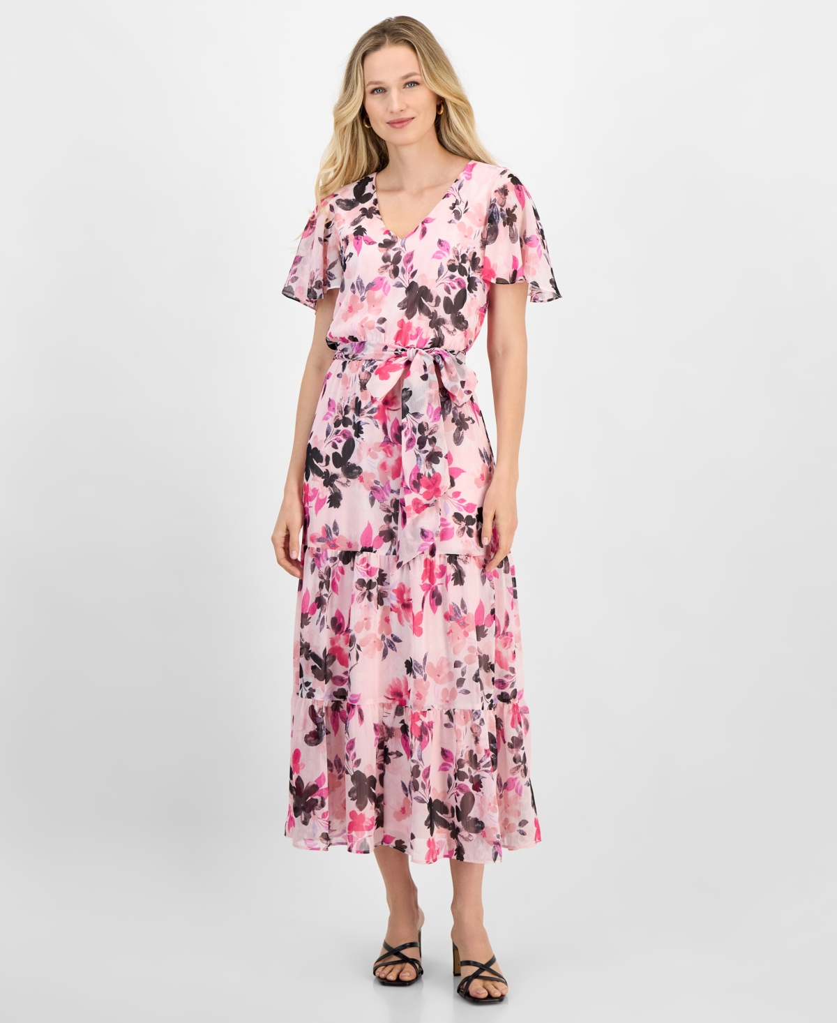 Kasper Floral Short Sleeve Tiered Maxi Dress In Tutu Pink Multi