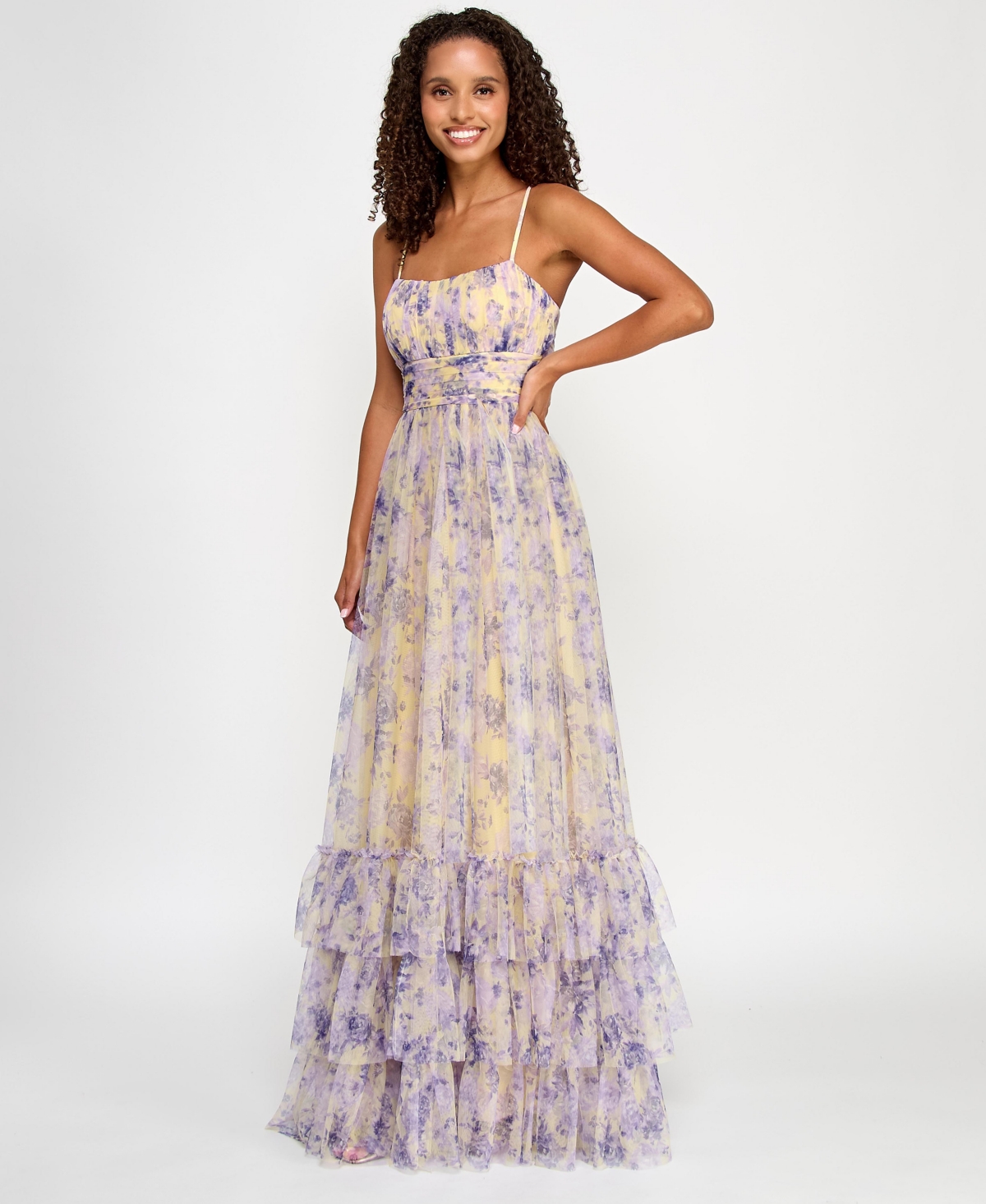 CITY STUDIOS JUNIORS' PRINTED TULLE RUFFLE-HEM GOWN, CREATED FOR MACY'S 