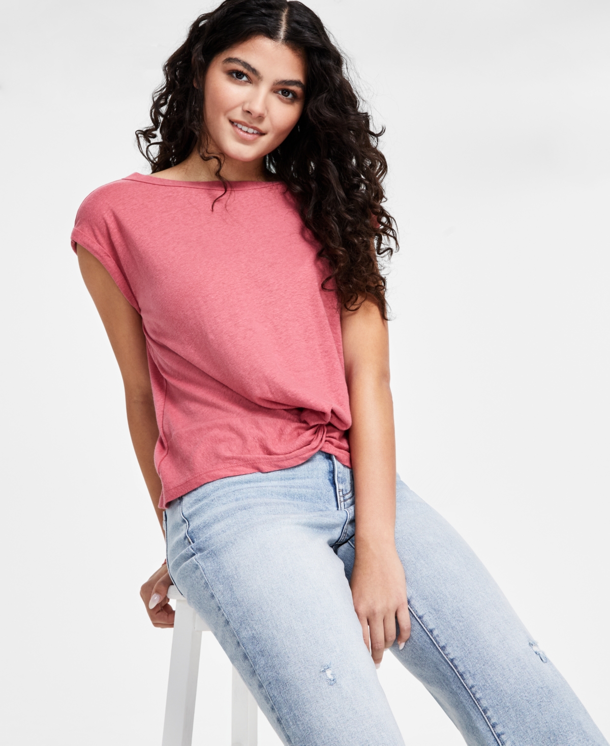 Shop Liverpool Los Angeles Women's Short Sleeve Boat Neck Knot Front Knit Top In Slate Rose