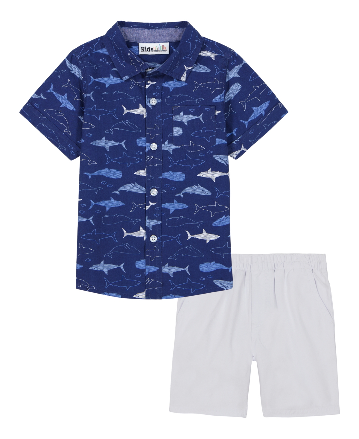 Kids Headquarters Toddler And Little Boys Short Sleeve Fish Print Poplin Shirt And Twill Shorts, 2-piece Set In Egret Print